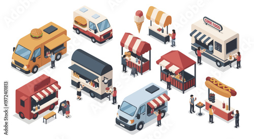 Collection of Diverse Food Trucks and Stalls in Isometric View.