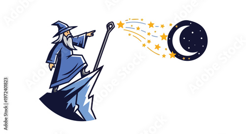 A mystical wizard conjures celestial magic, casting an enchanting display of stars and a crescent moon across the night sky in a whimsical fantasy theme, presented as a vibrant flat 2D illustration