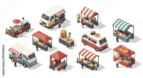 Collection of Diverse Food Trucks and Stalls in Isometric View.