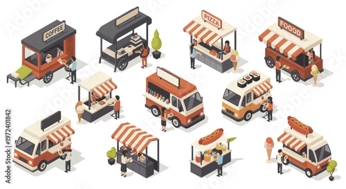 Collection of Diverse Food Trucks and Stalls Offering Various Street Foods.