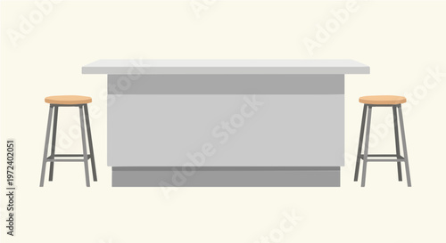 Minimalist kitchen island counter with two wooden bar stools on plain background illustration