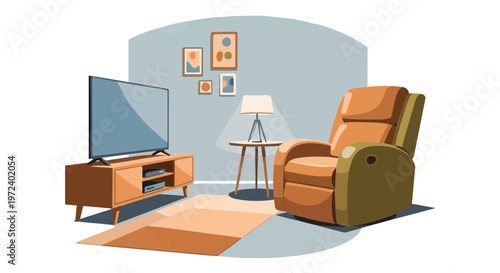 Cozy home living room with orange leather armchair tv stand and rug