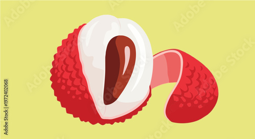 Ripe red lychee fruit cut open showing white flesh and brown seed