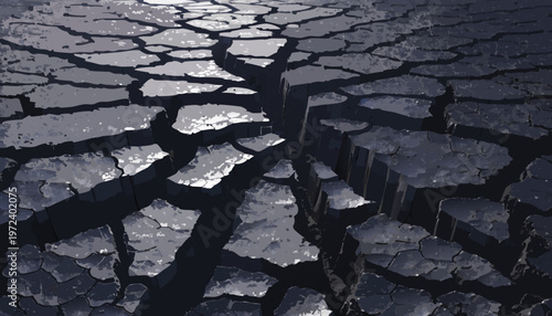 A parched and cracked earth surface with deep fissures and dry soil