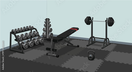 Home gym interior with weight bench barbell rack and various dumbbells
