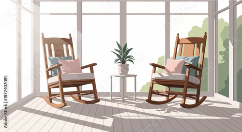 Two classic wooden rocking chairs placed near bright windows with plants