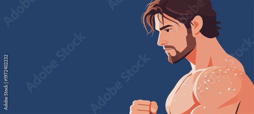 Man with beard and short hair stands in profile with a blue background, showing determination and strength during a workout