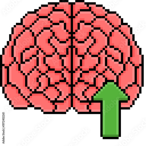 Human Brain with Green Up Arrow Pixel Art Icon