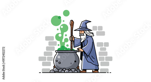 An enchanting wizard character stirring a bubbling green potion in a cauldron, presented in a magical fantasy theme with a clean flat 2D art style illustration
