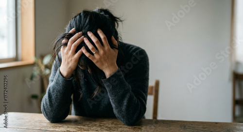 Stressed woman sitting at table holding head overwhelmed anxiety depression mental health burnout emotional struggle home interior lifestyle