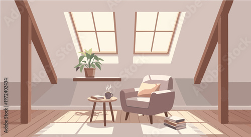 Bright attic living space with skylights comfortable chairs and decor