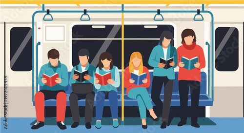 People reading books while seated in subway or train car