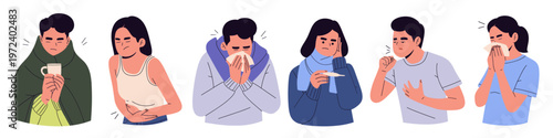 Flat vector illustration set of sick people with common illness symptoms such as fever, cough, cold, stomach pain, and flu. Characters are shown sneezing, holding tissues, checking temperature