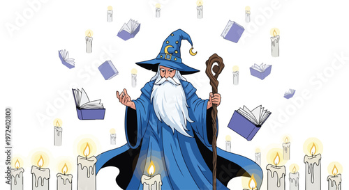 Flat 2D Fantasy Wizard with Magical Books and Candles A Whimsical Theme for Creative Projects