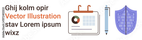 Data security, productivity tools, information management, scheduling services, organization, and technology. Shield, calendar and pen cybersecurity and productivity. Data security and productivity