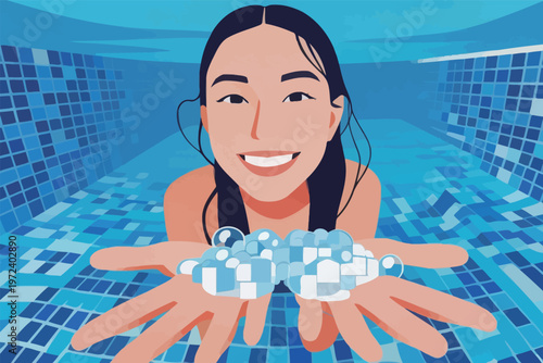 Woman smiles while holding soap bubbles in her hands underwater in a pool during daytime