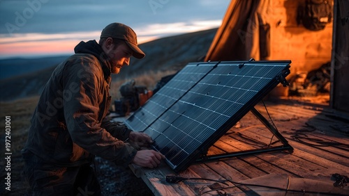 Rugged man setting up portable solar panels outside remote mountain cabin at sunset, generating clean renewable energy for sustainable off grid living and emergency power backup.