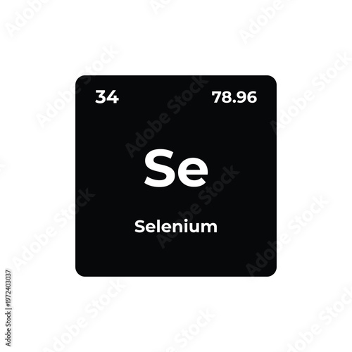 Selenium element tile with symbol Se, atomic number 34, and atomic mass on a dark periodic table square, representing chemistry, science, chemical element, atomic data, and education.