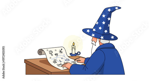 A fantasy wizard studying a map on a wooden table, flat 2D illustration, with a candle for light, exploring magical themes