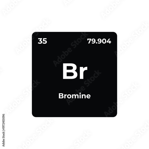 Bromine element tile on periodic table, chemical symbol Br with atomic number and weight, minimalist black design for chemistry, science, education, and laboratory concepts.