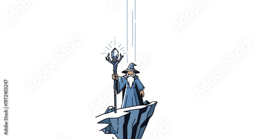 A wise old wizard stands atop a cliff, conjuring magic with a staff in a flat 2D fantasy theme illustration