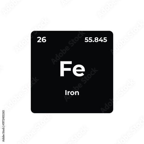 Iron element periodic table symbol Fe chemistry metal atomic number science isolated black background