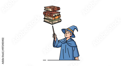 Wizard boy with fantasy theme, flat 2D illustration, holding a magic wand and levitating stack of books, whimsical and imaginative art style, perfect for storytelling and educational content