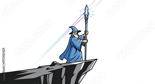 Enchanting fantasy wizard illustration on a cliff edge, magical staff glowing with energy, perfect for digital art, game assets, and thematic designs in a flat 2D style