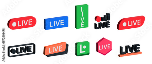 Live Streaming 3D Icons Set – Broadcast Labels and Online Status Badges