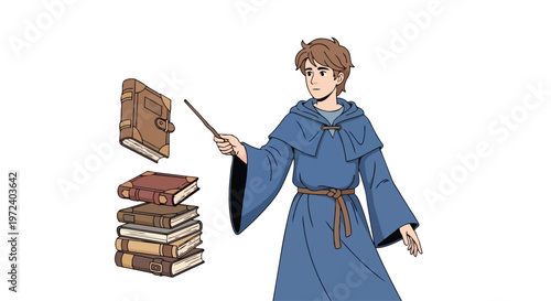 A young wizard character in a blue robe, holding a wand and using magic to levitate old books, depicted in a captivating fantasy theme with a clean flat 2D illustration style