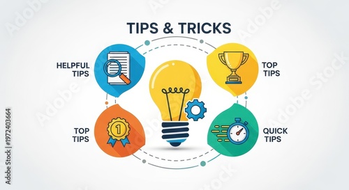 A vibrant infographic showcasing helpful tips and tricks with a light bulb advice and guidance tips 