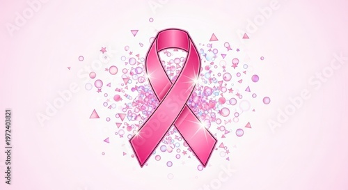 A pink ribbon surrounded by various pink shapes on a pink background for breast cancer awareness cam