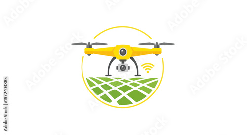 Yellow drone flying over agricultural field, modern farming technology