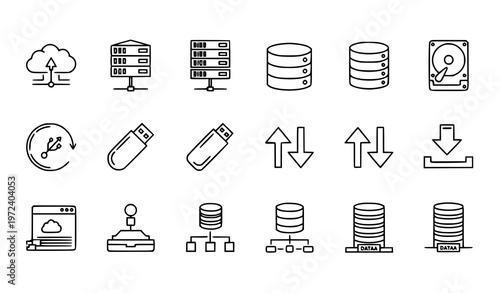 Data storage outline icon set with cloud, servers, database, and backup symbols