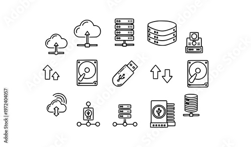 Modern data storage icons collection with cloud, servers, database, and backup symbols
