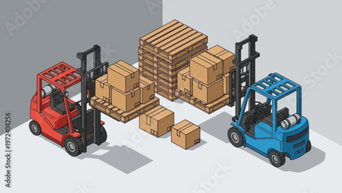 Two Forklifts Moving Boxes and Pallets in a Warehouse Setting.