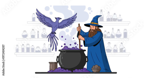 Magical Wizard Brewing Potion in a Fantasy Themed Flat 2D Illustration with a Mystical Bird