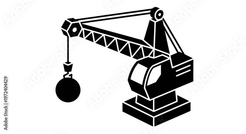 Wrecking Ball Crane Demolition Equipment Silhouette Illustration.