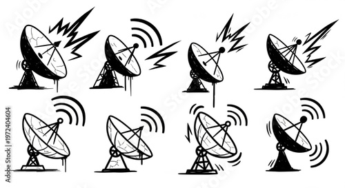 Urban Graffiti Satellite Dish and Signal Wave Vector Illustration Sheet in Black Ink Grunge Punk Street Art Style