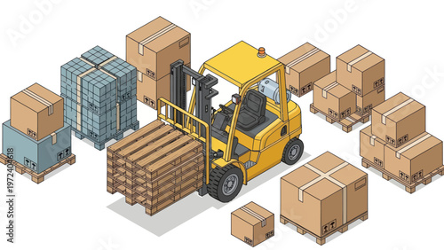 Yellow Forklift Truck Moving Wooden Pallets and Cardboard Boxes in Warehouse.