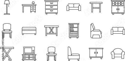 Furniture icon set in minimalist line style featuring chairs, sofas, tables, cabinets, and home interior elements for modern vector design