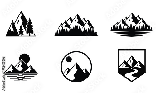 Set of black and white mountains with evergreen pine trees and rivers presented as a flat vector graphic on transparent background