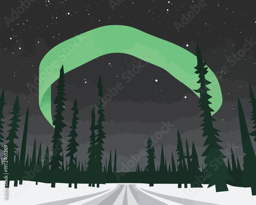 Bright green aurora hangs over snowy forest road in winter night sky with stars shining above, revealing nature's display of colors