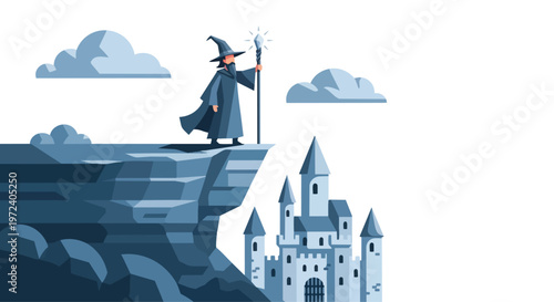 A powerful wizard standing on a cliff overlooking a mystical castle, embodying an epic fantasy theme with a distinct flat 2D art style, perfect for imaginative storytelling