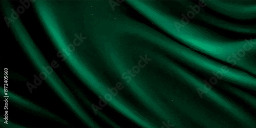 Green drapery silk fabric luxury background. Wavy abstract satin cloth vector texture pattern. Smooth shiny drape material curtain