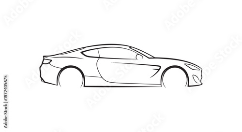 Detailed side profile outline drawing of a modern sports car coupe with the clean lines capture the sleek form and dynamic silhouette of vehicle