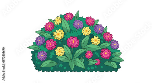 Colorful Garden Bush with Vibrant Pink, Yellow, and Purple Flowers