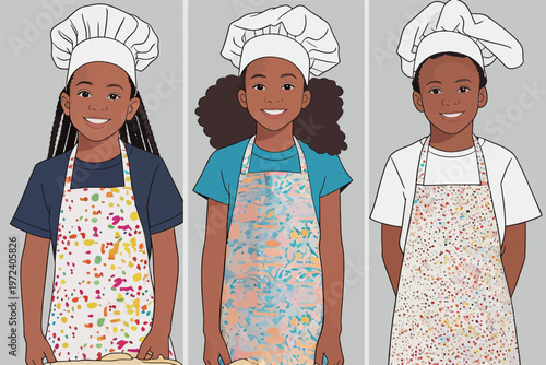 Three children wearing chef hats and aprons stand together in a kitchen setting ready to cook and bake