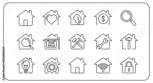 House icons with symbols.