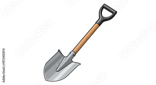 Illustration of a metal shovel with a wooden handle isolated on white background